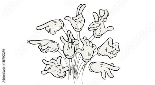 Hand drawn illustration of multiple hands pointing in different directions.
