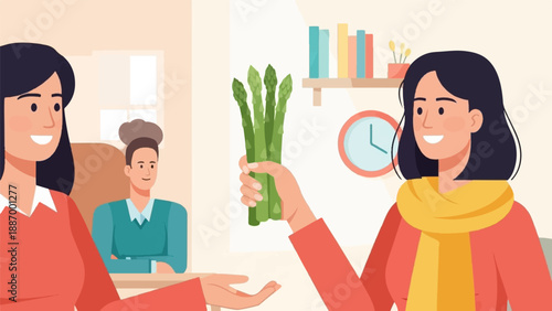 Woman offering fresh asparagus to another woman in a room