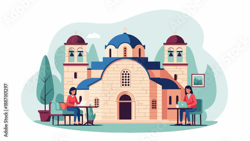 Two women work on laptops outside a stone church with blue domes