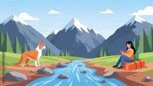 Woman and dog by a mountain stream