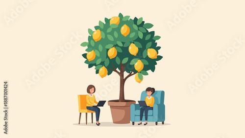Two women work on laptops near a potted lemon tree on a light background