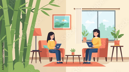 Two women work on laptops inside a living room with plants and bamboo