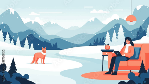 Woman on couch with laptop and dog in snowy mountain landscape