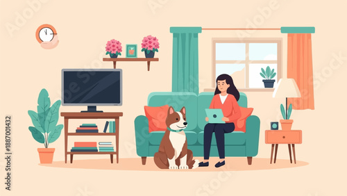 Woman on couch with laptop and dog, living room scene