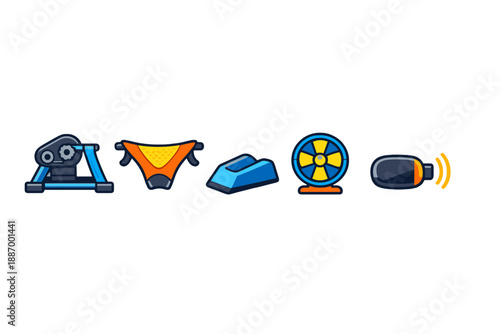 Different items used for home workouts and swimming, including fitness equipment, swimwear, and accessories for comfort and entertainment