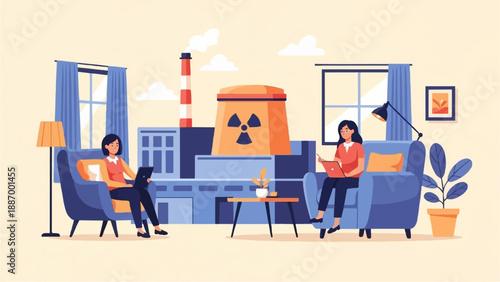 Two women work on laptops inside a home, with a power plant outside