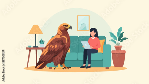 Woman on couch with laptop and large bird in living room