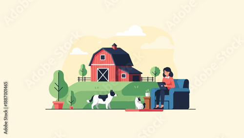 Woman on couch with laptop and dogs at rural farm with red barn