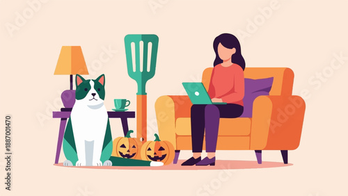 Woman on couch with laptop, cat, pumpkins, and Halloween decorations