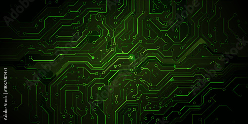 Intricate green circuit board pattern against a dark technological background