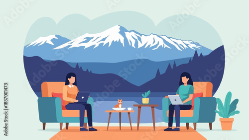 Two women work on laptops in cozy armchairs with a snowy mountain backdrop