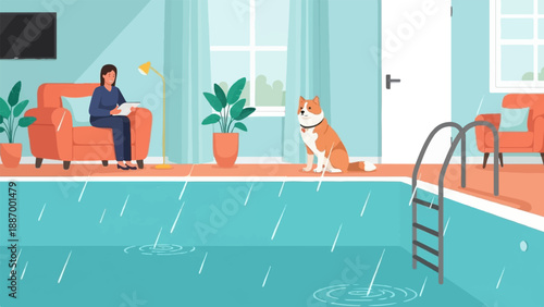 Woman and dog indoors by a rainy swimming pool with chairs and plants