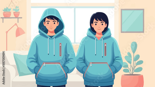 Two youthful figures in blue hoodies stand indoors
