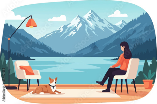 Woman and dog relax by lake with mountain view, modern flat style
