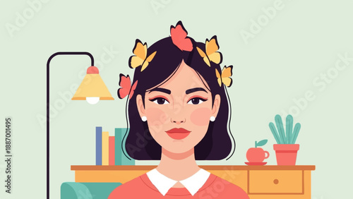 Young woman with butterflies in hair sits by a desk with books and plants