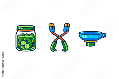 Making pickles at home involves using a jar filled with cucumbers, tongs for handling, and a funnel for filling jars