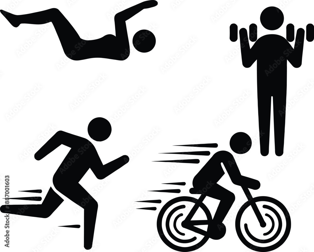 Fototapeta premium Collection of fitness and cardio stickman icons including running, cycling, weightlifting, and abdominal crunches for gym or healthy lifestyle.