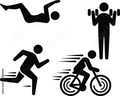 Collection of fitness and cardio stickman icons including running, cycling, weightlifting, and abdominal crunches for gym or healthy lifestyle.