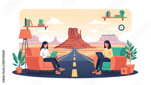 Two women work on laptops in a surreal desert setting with a road