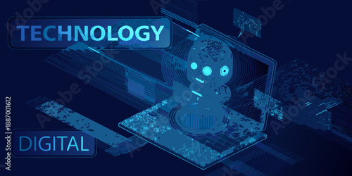 Futuristic robotic figure emerging from a digital technology focused abstract background