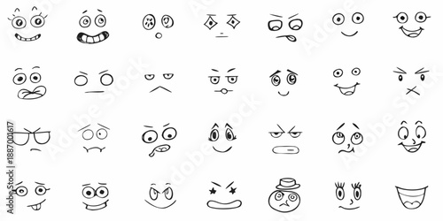 Collection of diverse hand drawn expressive cartoon faces and simple emoticon designs