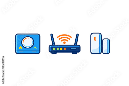 Different types of electronic devices shown together including a thermostat, a router, and a battery backup