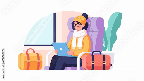 Young woman in warm clothes sits with laptop on a seat, luggage nearby
