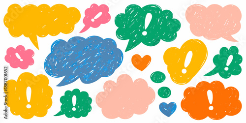 Colorful hand drawn speech bubbles and shapes with hearts and exclamation points
