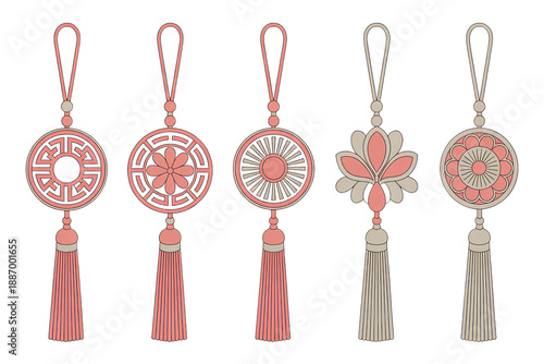 Set of traditional korean ornaments with tassels, oriental decorative elements isolated on transparent background.