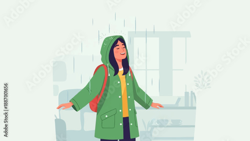 Young woman in green raincoat joyfully embracing rain, indoors