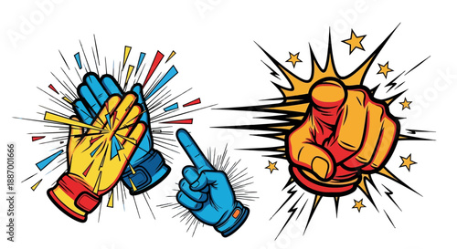 Comic style illustration of two hands in boxing gloves pointing and hitting.