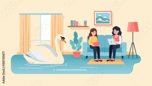 Two women work on laptops in a room with a swan on the floor