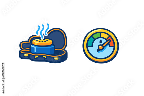 Cooking tool and measuring device are shown together on a white background with simple designs and bright colors indicating their function