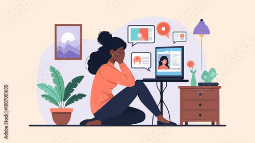 Woman on floor looking stressed at laptop with chat bubbles