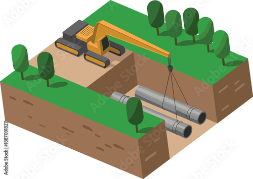 Isometric pipeline construction illustration, excavator installing underground pipes, trench excavation, infrastructure development, utility engineering and civil construction concept