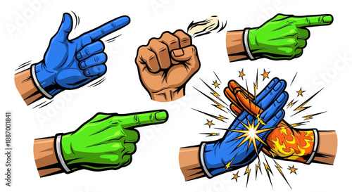 Cartoon hands pointing and interacting in various ways.