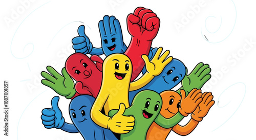 Colorful cartoon characters giving thumbs up and high fives together.
