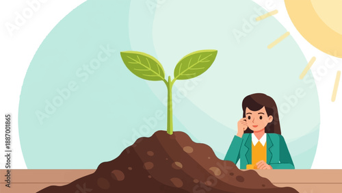 Woman on phone observes a young plant growing under a stylized sun