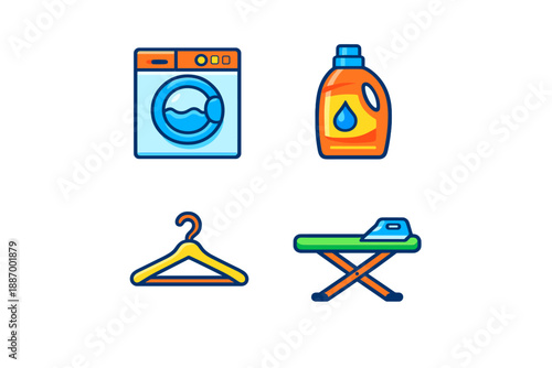 Laundry items include washing machine, detergent bottle, hanger, and ironing board arranged together in a simple layout on a white background