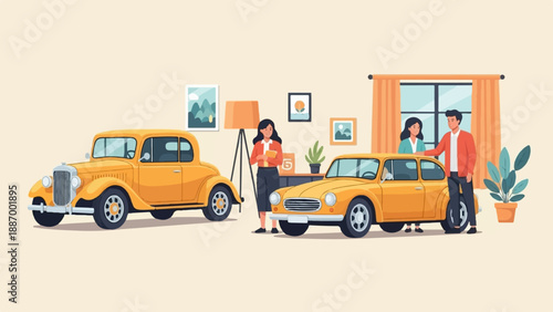 Two yellow cars, one classic and one modern, with people admiring them indoors