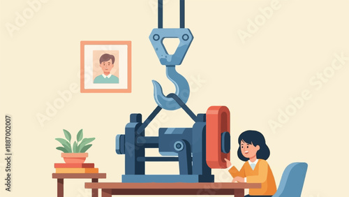 Woman operates a large industrial winch and hook in an office