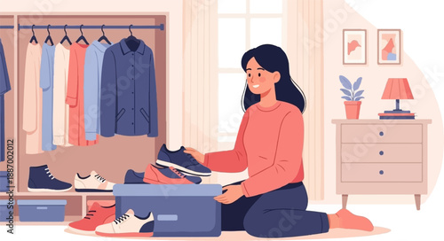 Woman organizing shoes in a closet with clothes