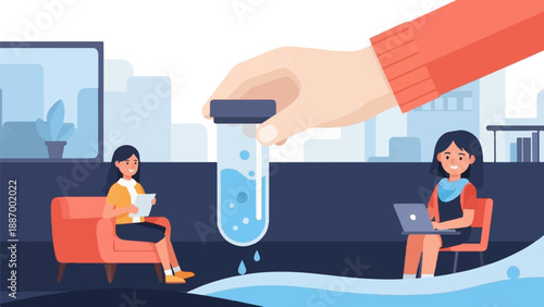 Two women working, one with laptop, other reading, a large hand holds test tube