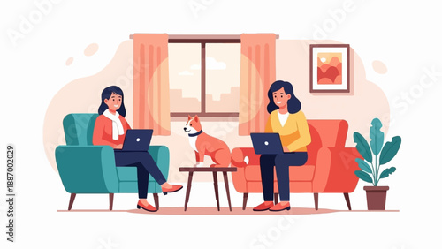Two women work on laptops in a cozy room with a dog