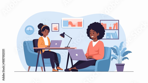 Two women work on laptops in a cozy office space with plants and books