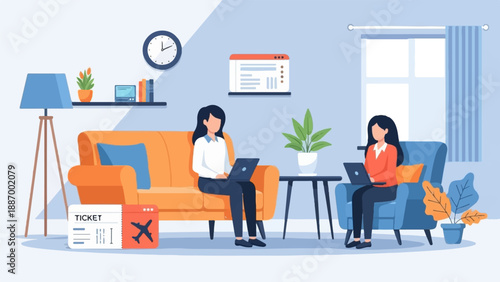 Two women work on laptops in a cozy living room with a ticket