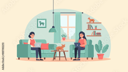 Two women work on laptops at home with their pets nearby