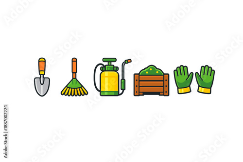 Garden tools and supplies lined up for gardening tasks at home during spring season in a bright and simple setting