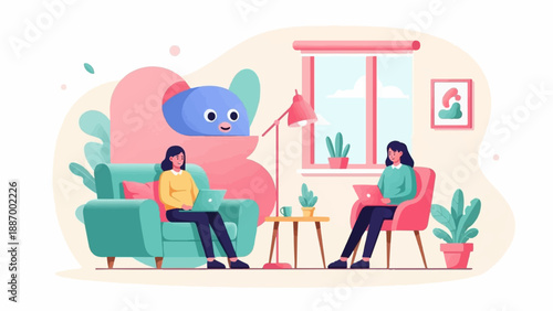 Two women work on laptops at home, supervised by a blue creature