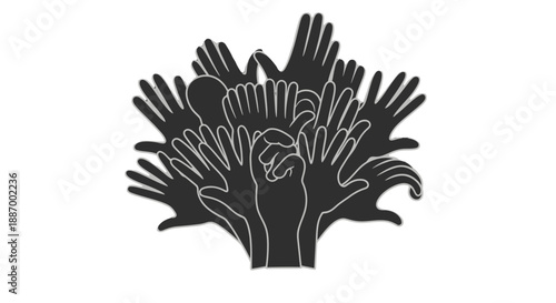 Illustration of multiple hands raised together in unity and solidarity.